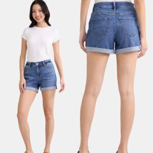 Old Navy Women Blue Wash Mid-Rise Fitted Stretch Denim Shorts, Size 14